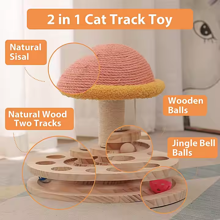 Large Pink Interactive Cat Scratching Post with Ball Track Fun Mushroom-Shaped Cat Toy for Play, Scratching, and Entertainment