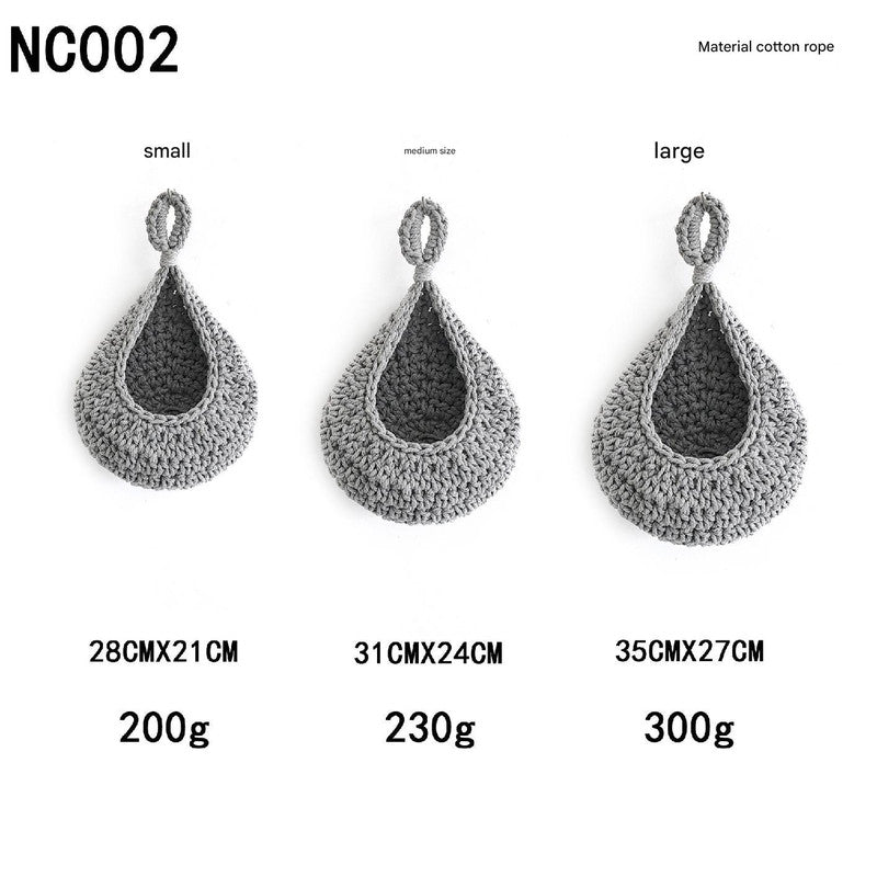 Grey 3-Piece Wall-Mounted Cotton Rope Storage Baskets ??Large, Medium, and Small Hand-Woven Fruit/Vegetable/Storage Nets (Large weight 300g, Medium
