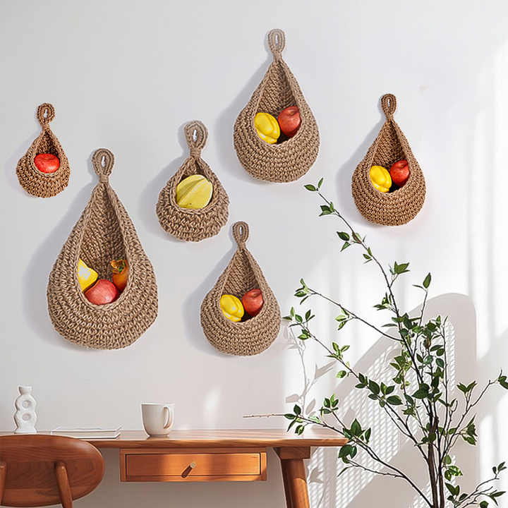 Khaki 3-Piece Wall-Mounted Cotton Rope Storage Baskets ??Large, Medium, and Small Hand-Woven Fruit/Vegetable/Storage Nets (Large weight 300g, Medium