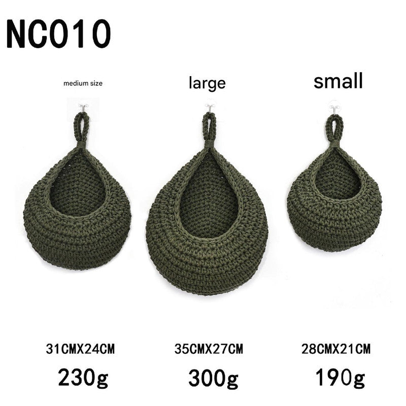 Green 3-Piece Wall-Mounted Cotton Rope Storage Baskets ??Large, Medium, and Small Hand-Woven Fruit/Vegetable/Storage Nets (Large weight 300g, Medium