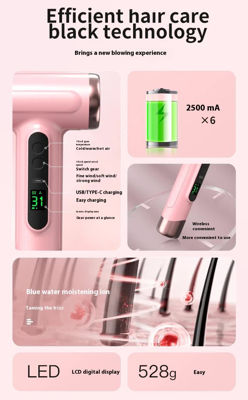 Pink wireless Hair Dryer with Cold & Hot Air, Portable Large-Capacity Rechargeable Ionic Dryer, Fast-Drying, Lightweight and Compact for Home and