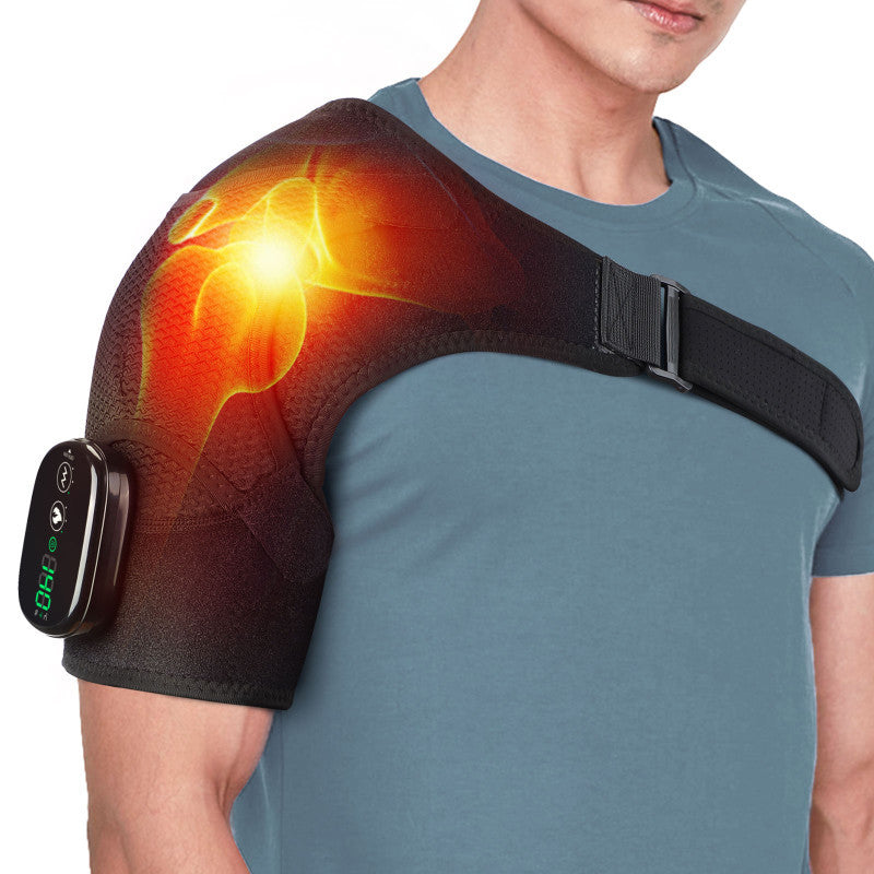 Black Rechargeable Heated Shoulder Massager with LED Display - Adjustable Compression Wrap for Pain