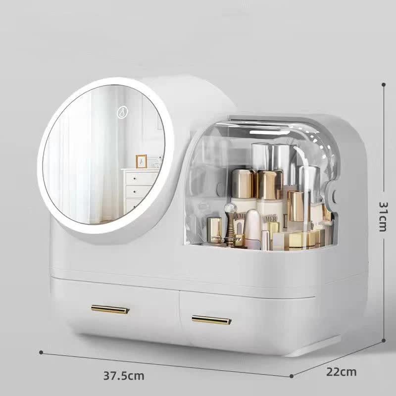 Ivory White LED Vanity Makeup Organizer with Partition Storage and Touch-Control Mirror - Large Capacity Cosmetic Box