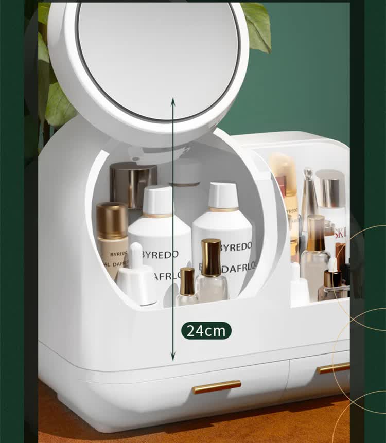 Ivory White LED Vanity Makeup Organizer with Partition Storage and Touch-Control Mirror - Large Capacity Cosmetic Box