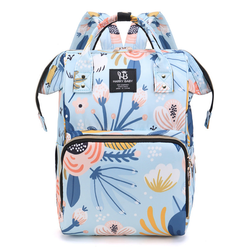 Large Capacity Multi-Functional Baby Diaper Backpack - Stylish and Travel-Friendly Mummy Bag floral Blue