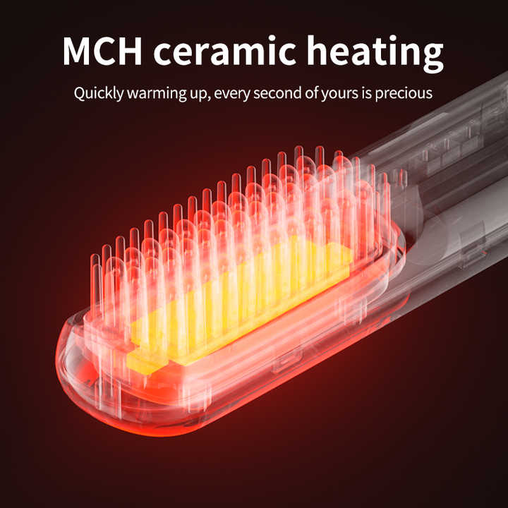 Beige Rechargeable Wireless Hair Straightening Brush - Sleek and Portable Styling Tool