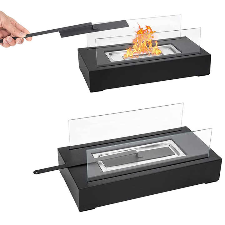 Not removable Portable Tabletop Bioethanol Fireplace - White Rectangular Design with Glass Shields