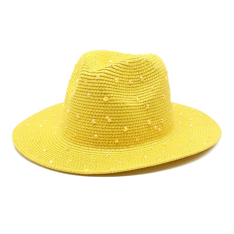 Yellow Women's Wide-Brim Straw Hat with Rhinestones - Elegant and Breathable Sun Hat for Summer Outdoors,M(56-58cm)