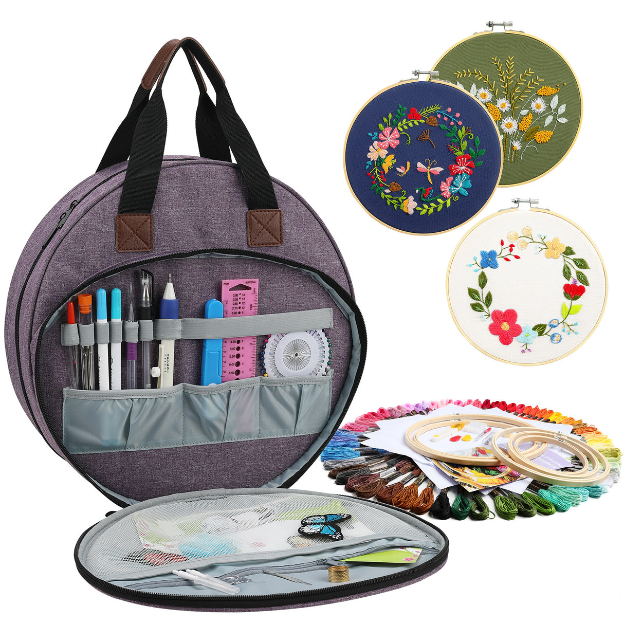 Grey Multi-Pocket Embroidery Storage Bag - Oxford Cloth Handbag Organizer for Cross-Stitch and Thread Storage