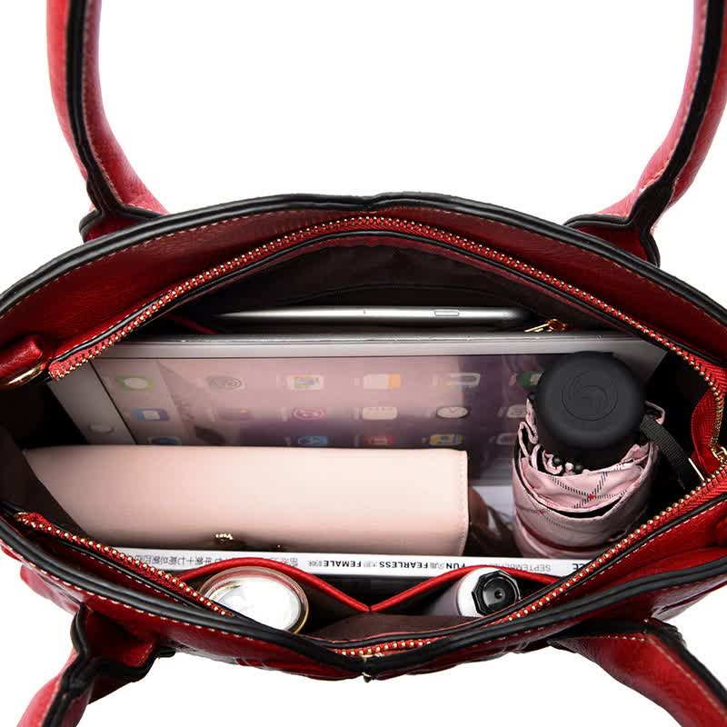 Red Elegant Embossed Rose Leather Handbag - Vintage Style Tote Bag