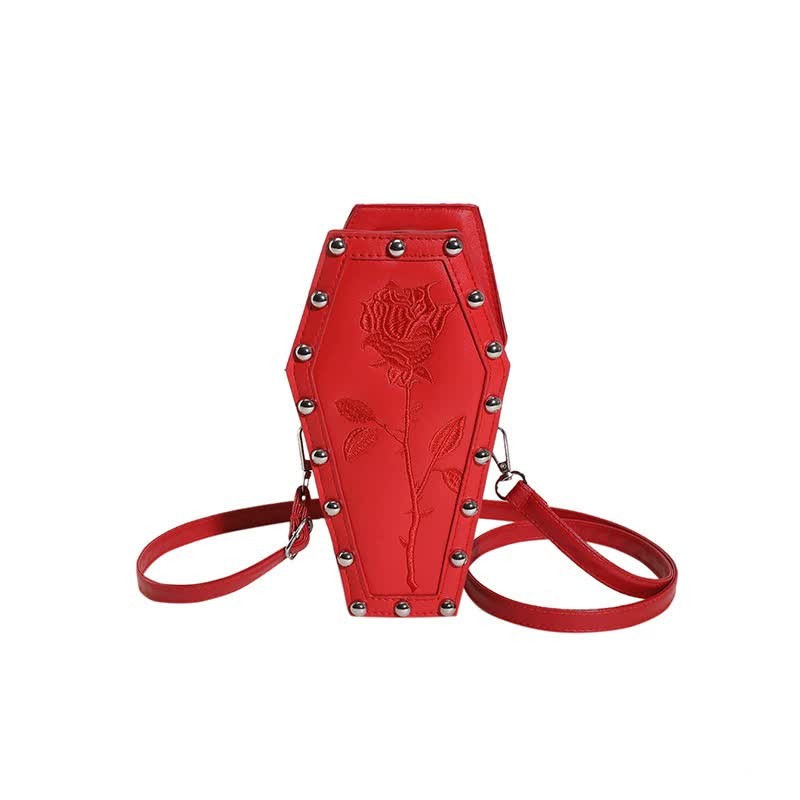 Gold Gothic Red Coffin-Shaped Crossbody Bag with Embroidered Rose - Unique Fashion Statement