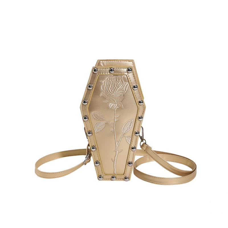 Gold Gothic Red Coffin-Shaped Crossbody Bag with Embroidered Rose - Unique Fashion Statement