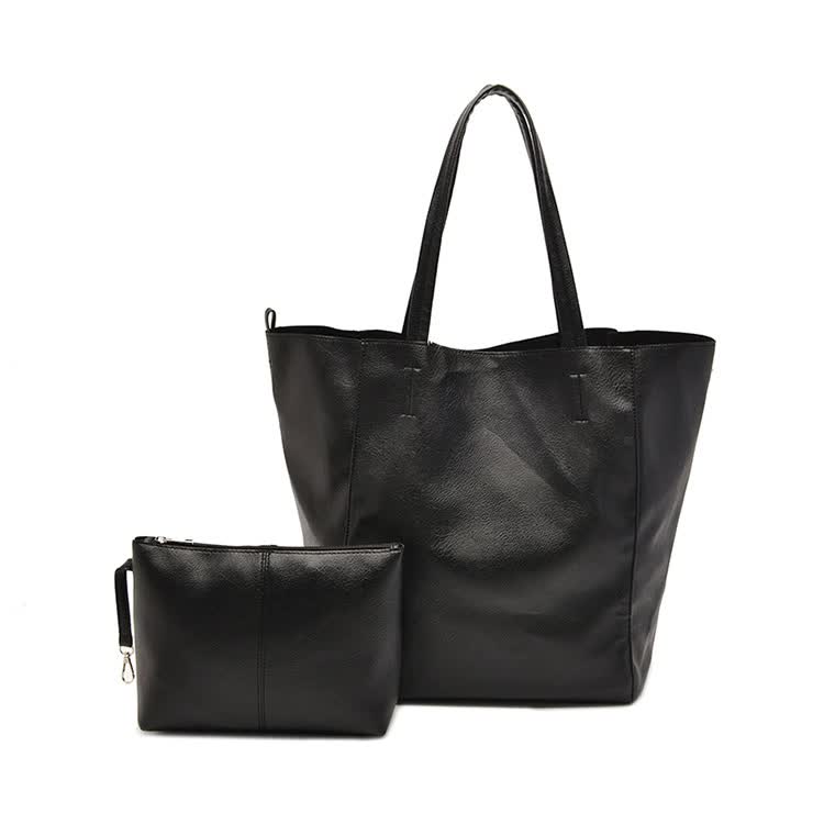 Black Classic Large PU Leather Tote Bag with Inner Pouch - Elegant and Functional