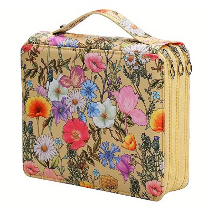Pink Floral Design Portable Zippered Pencil Case - 3-Layer Large Capacity Organizer for Stationery & Art Supplies