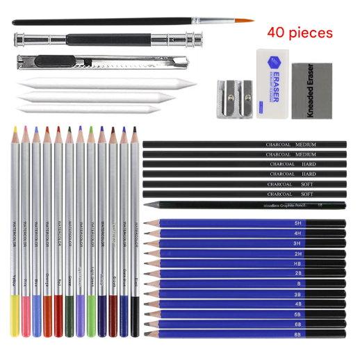 Blue 40-Piece Drawing Pencil Set, Professional Art Kit in Convenient Storage Case