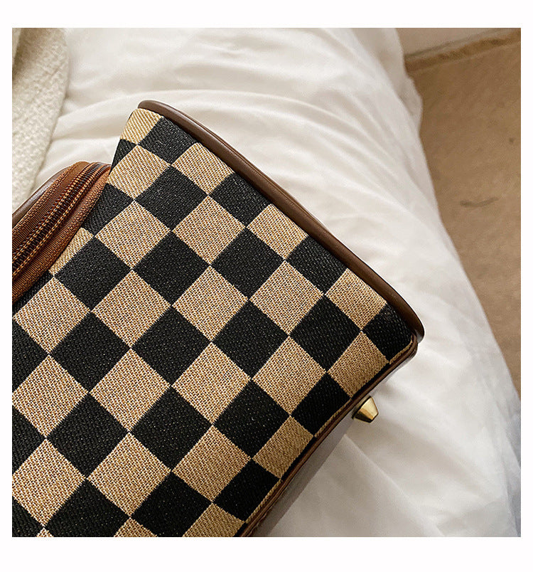 Brown Checkered Cosmetic Bag with Handle - Stylish, Compact, and Practical for Travel