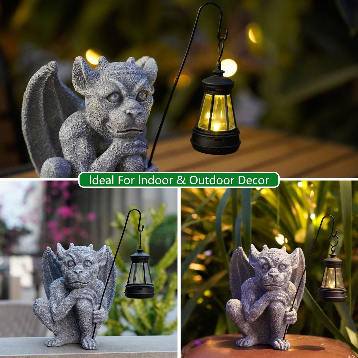 Solar-Powered Gargoyle Statue with LED Lantern ??Gothic Outdoor Halloween Garden Decor