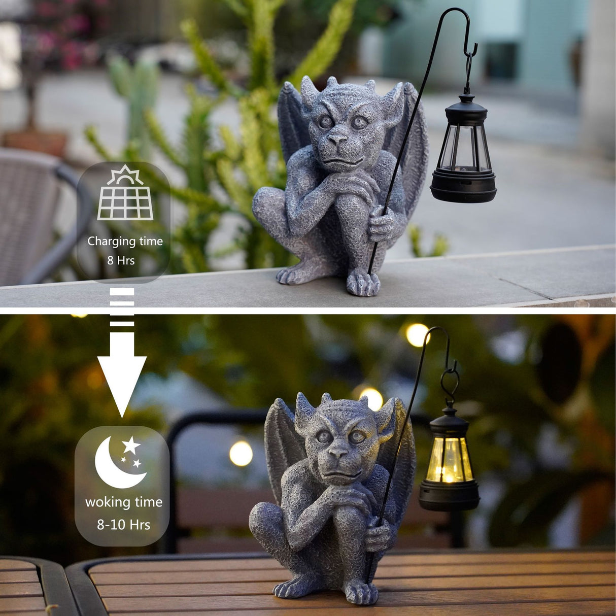 Solar-Powered Gargoyle Statue with LED Lantern ??Gothic Outdoor Halloween Garden Decor