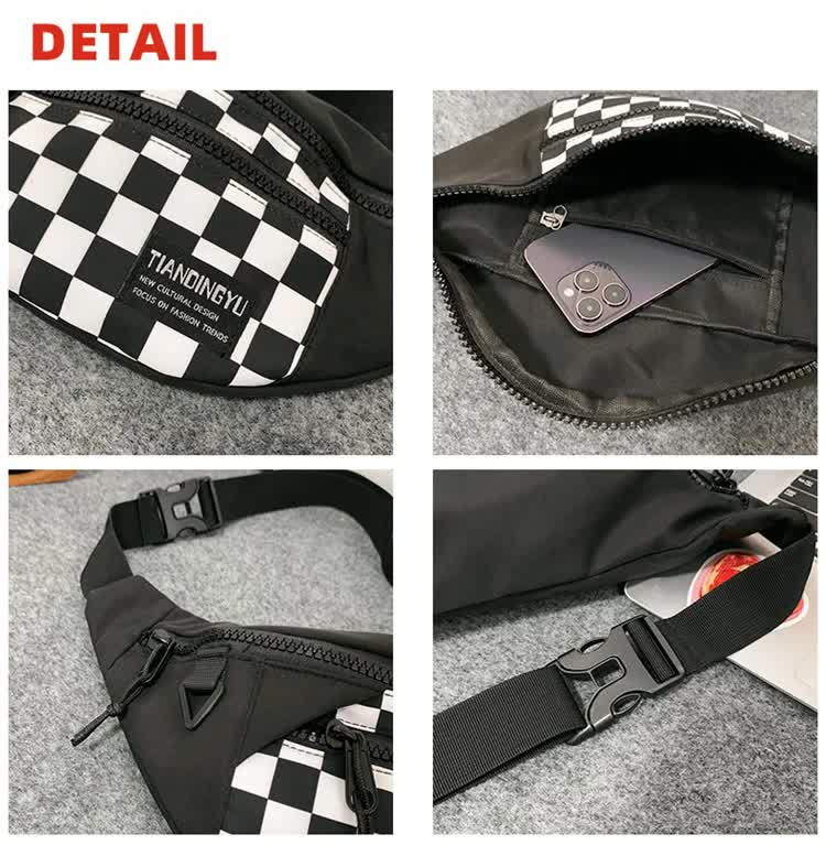 Multi-Coloured Patchwork Black and White Check Trendy Checkered Crossbody Bag - Color-Block Chest Bag for Men and Women, Lightweight Nylon Waist Bag
