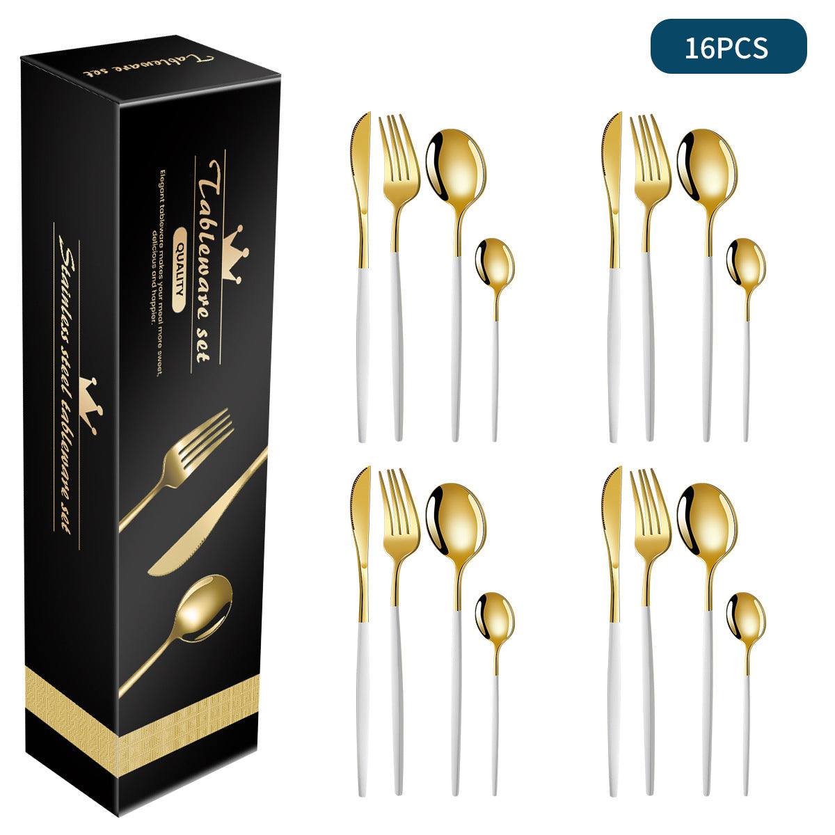 White And Gold Patchwork Colours 410 Stainless Steel 16-Piece Flatware Set - Elegant Dinnerware with Knife Fork Spoon for 4 People