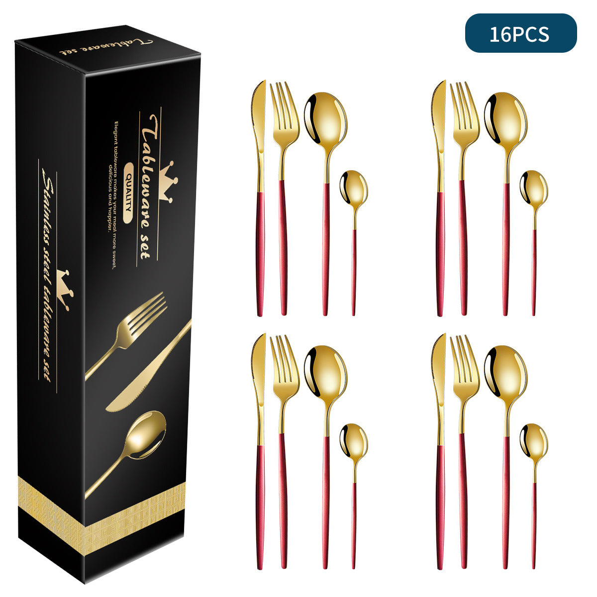 Red And Gold Patchwork Colours 410 Stainless Steel 16-Piece Flatware Set - Elegant Dinnerware with Knife Fork Spoon for 4 People