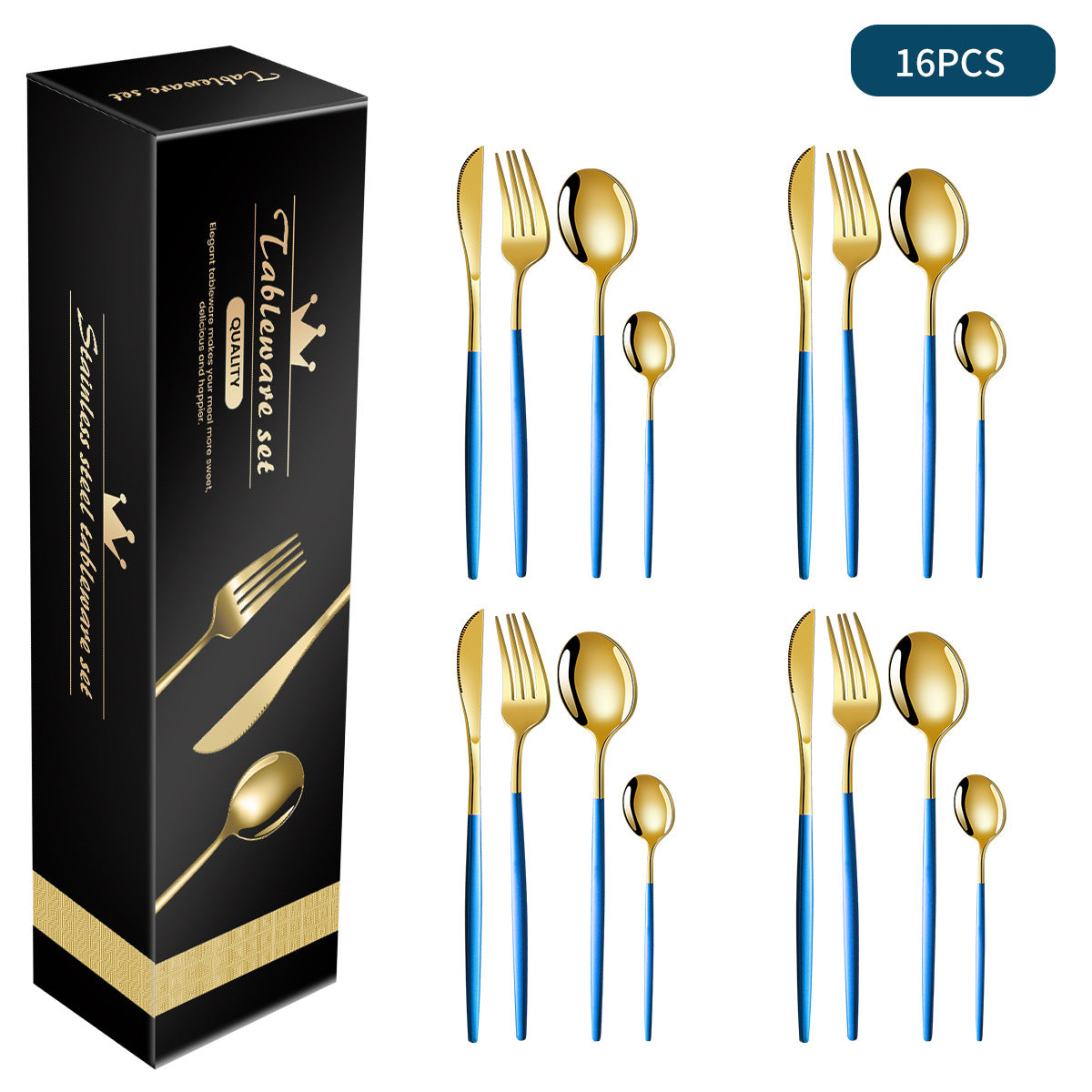Blue And Gold Patchwork Colours 410 Stainless Steel 16-Piece Flatware Set - Elegant Dinnerware with Knife Fork Spoon for 4 People