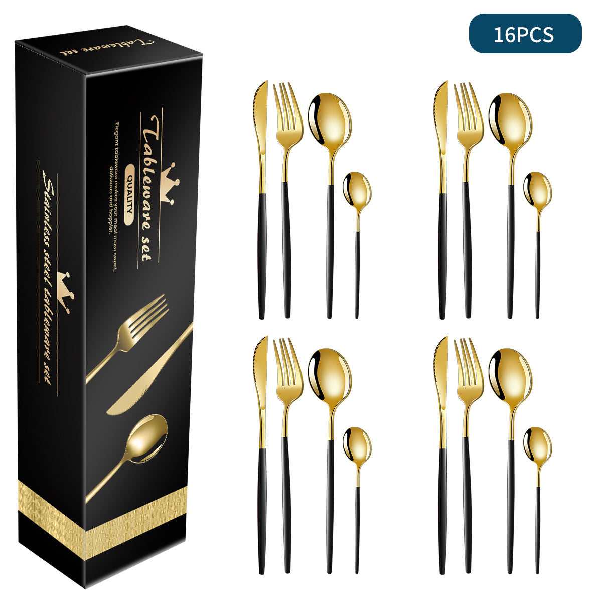 Black And Gold Patchwork Colours 410 Stainless Steel 16-Piece Flatware Set - Elegant Dinnerware with Knife Fork Spoon for 4 People