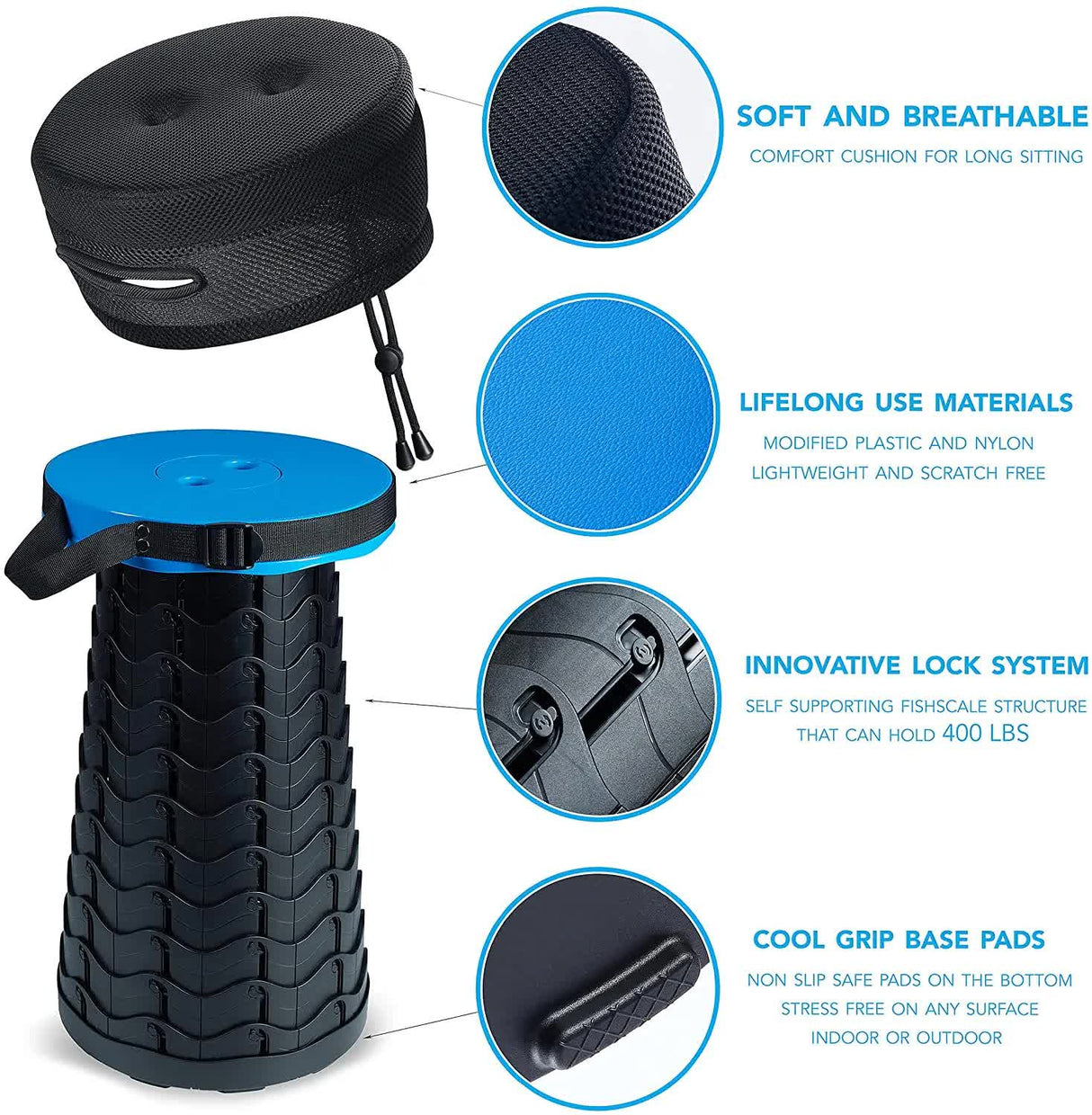 Black and Red Splicing Color Portable Outdoor Telescopic Folding Stool with 100 Weight-Bearing Buckles, Lightweight and Compact Design, Perfect for Fishing, Camping, and Travel