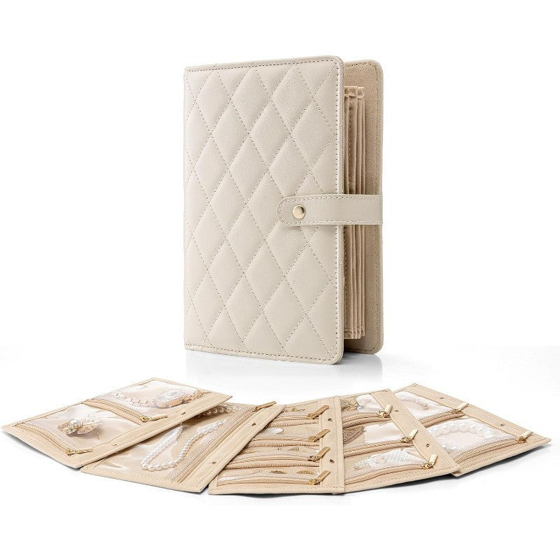 1 Piece Beige Luxury Leather Loose-Leaf Jewelry Organizer - Portable Large-Capacity Storage Book for Earrings and Necklaces(Jewellery is a shooting prop and is not included)