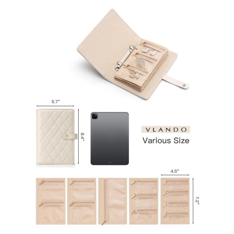1 Piece Beige Luxury Leather Loose-Leaf Jewelry Organizer - Portable Large-Capacity Storage Book for Earrings and Necklaces(Jewellery is a shooting prop and is not included)