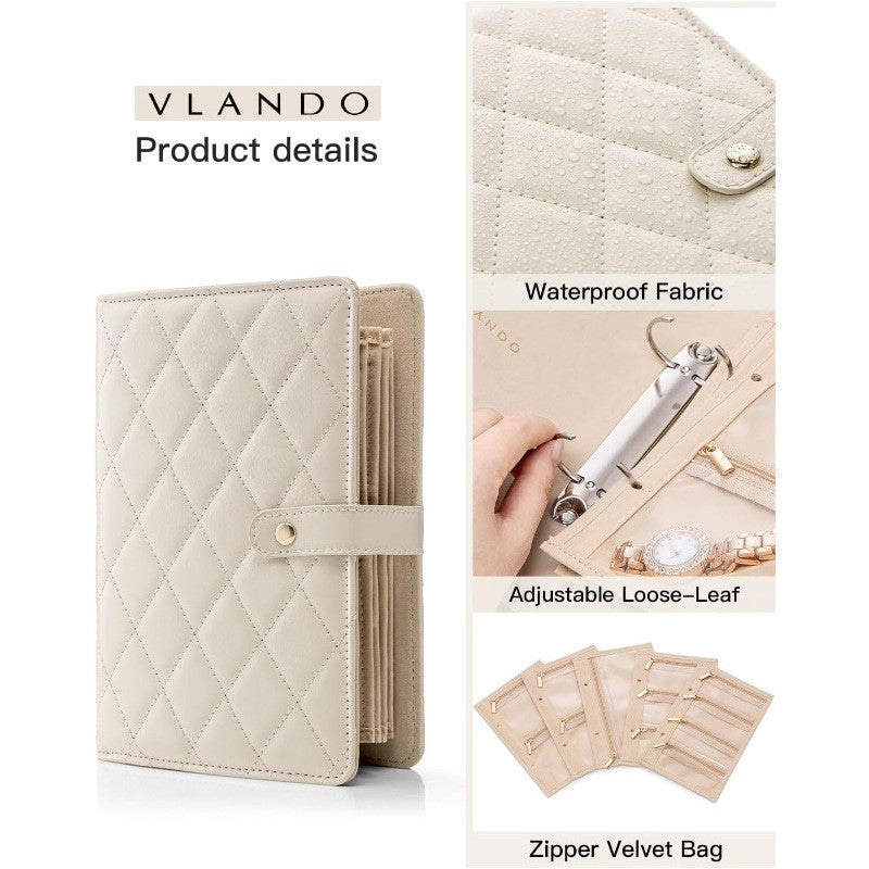 1 Piece Beige Luxury Leather Loose-Leaf Jewelry Organizer - Portable Large-Capacity Storage Book for Earrings and Necklaces(Jewellery is a shooting prop and is not included)