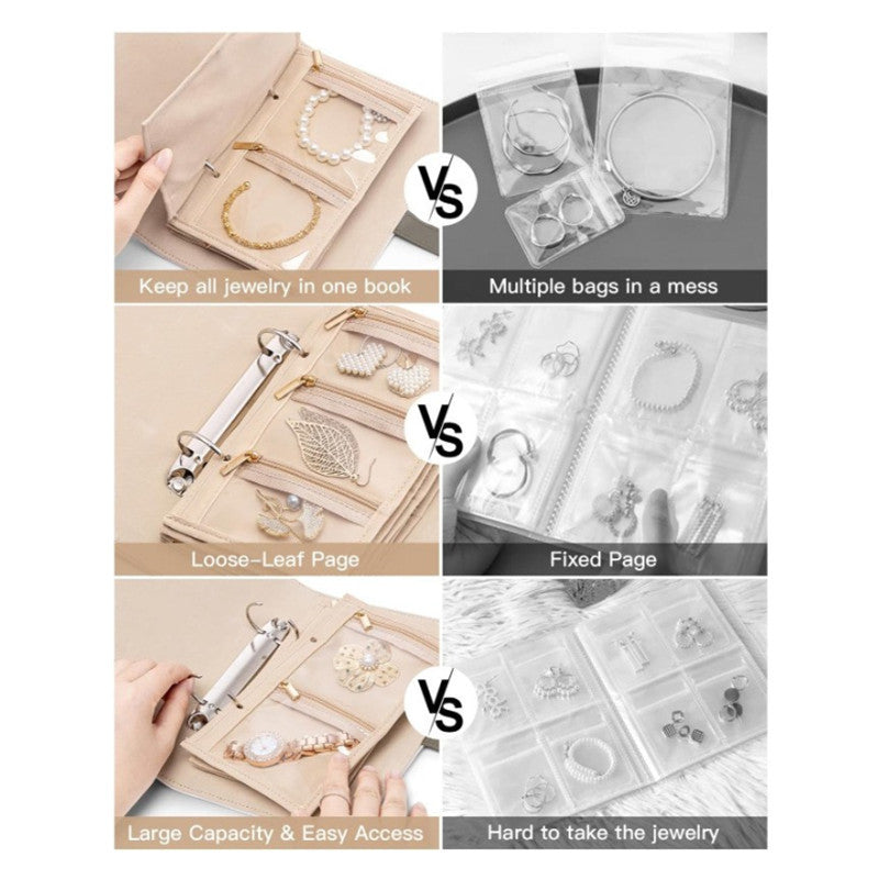 1 Piece Beige Luxury Leather Loose-Leaf Jewelry Organizer - Portable Large-Capacity Storage Book for Earrings and Necklaces(Jewellery is a shooting prop and is not included)
