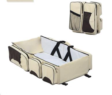 Beige-Brown Patchwork Multifunctional Foldable Baby Crib Mommy Bag | Large Capacity Diaper Bag | Portable Shoulder and Handheld Baby Essentials Bag