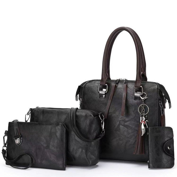Black 4-Piece Women’s PU Leather Tote Bag Set - Vintage Handbag, Shoulder Bag, Clutch, and Card Holder - Lightweight Design