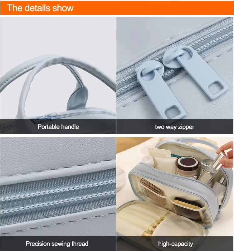 Blue Premium PU Leather Portable Makeup Bag - Large Capacity Waterproof Travel Cosmetic Organizer(Cosmetics are shooting props, not included)