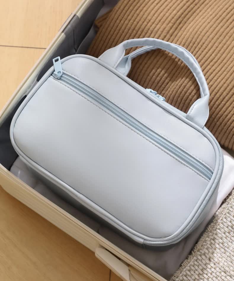 Blue Premium PU Leather Portable Makeup Bag - Large Capacity Waterproof Travel Cosmetic Organizer(Cosmetics are shooting props, not included)