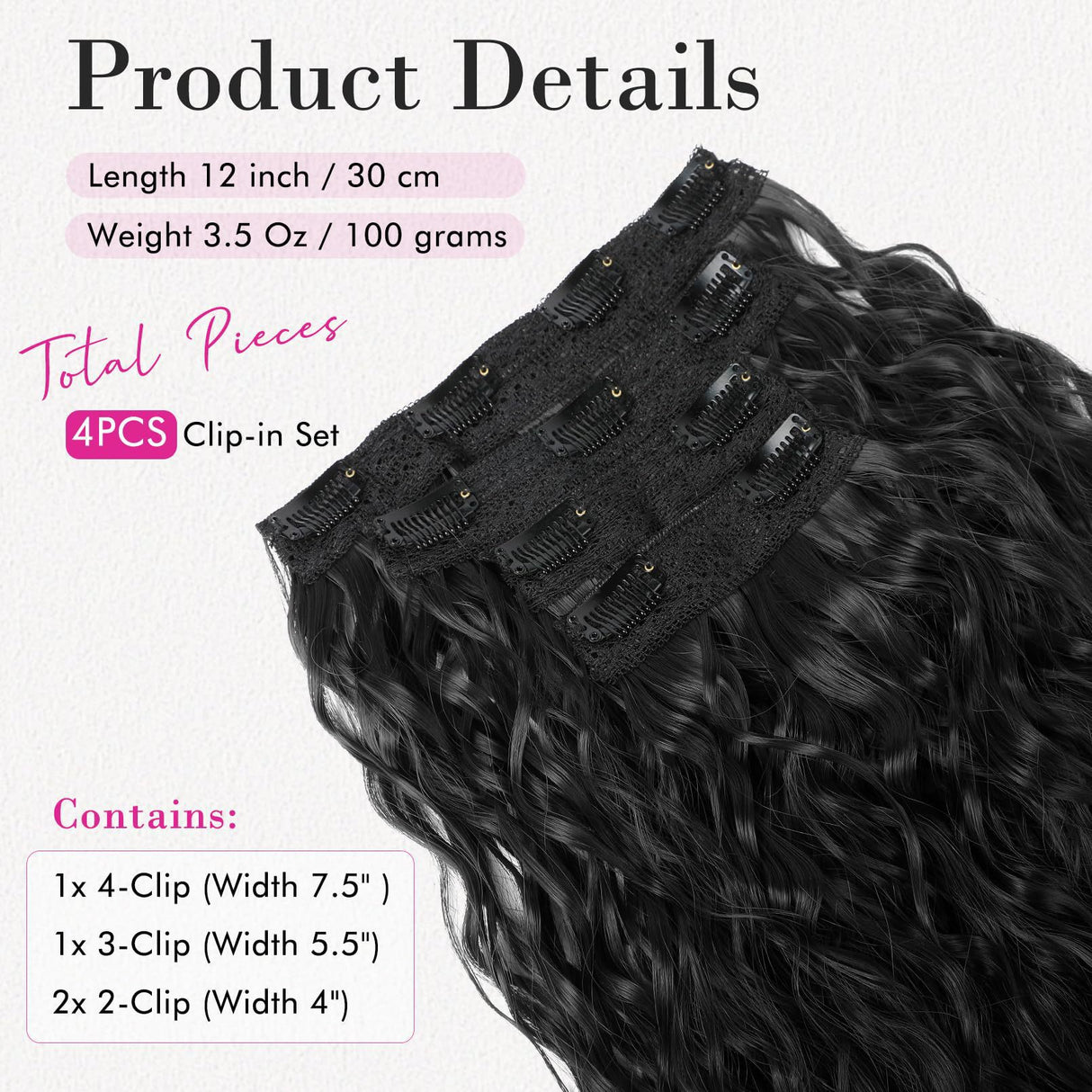 Coffee 12-Inch Clip-in Wavy Hair Extensions - 4-Piece Set, Easy to Apply, Instant Volume Boost