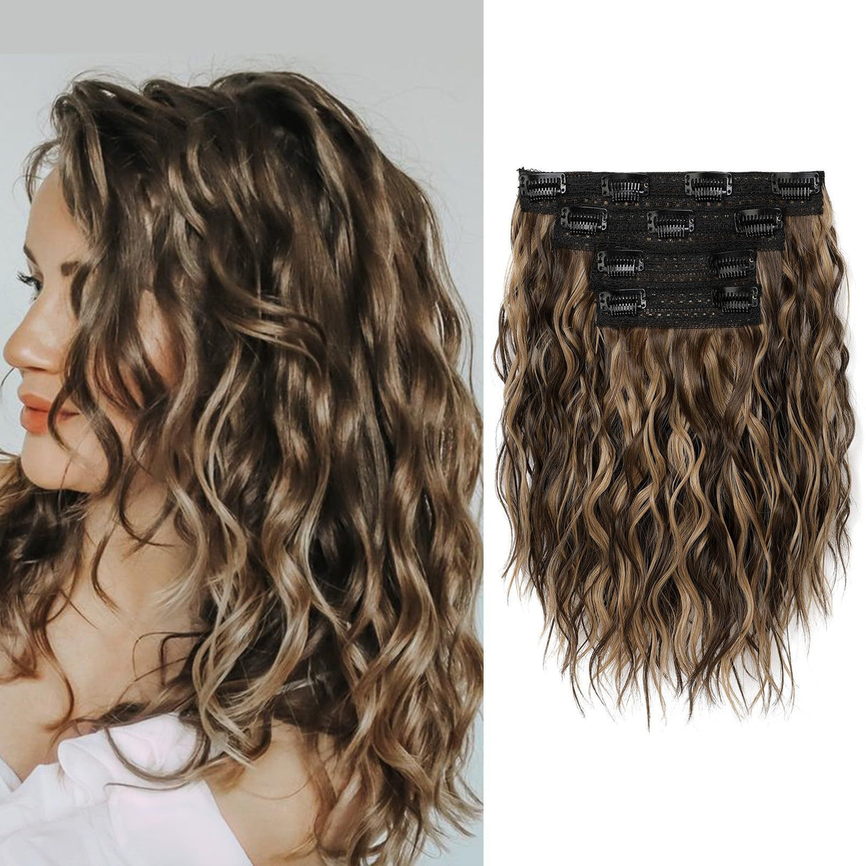 Brown 12-Inch Clip-in Wavy Hair Extensions - 4-Piece Set, Easy to Apply, Instant Volume Boost