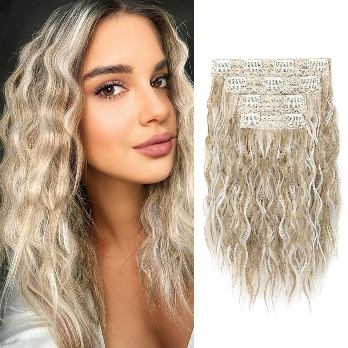 Light Gold 12-Inch Clip-in Wavy Hair Extensions - 4-Piece Set, Easy to Apply, Instant Volume Boost
