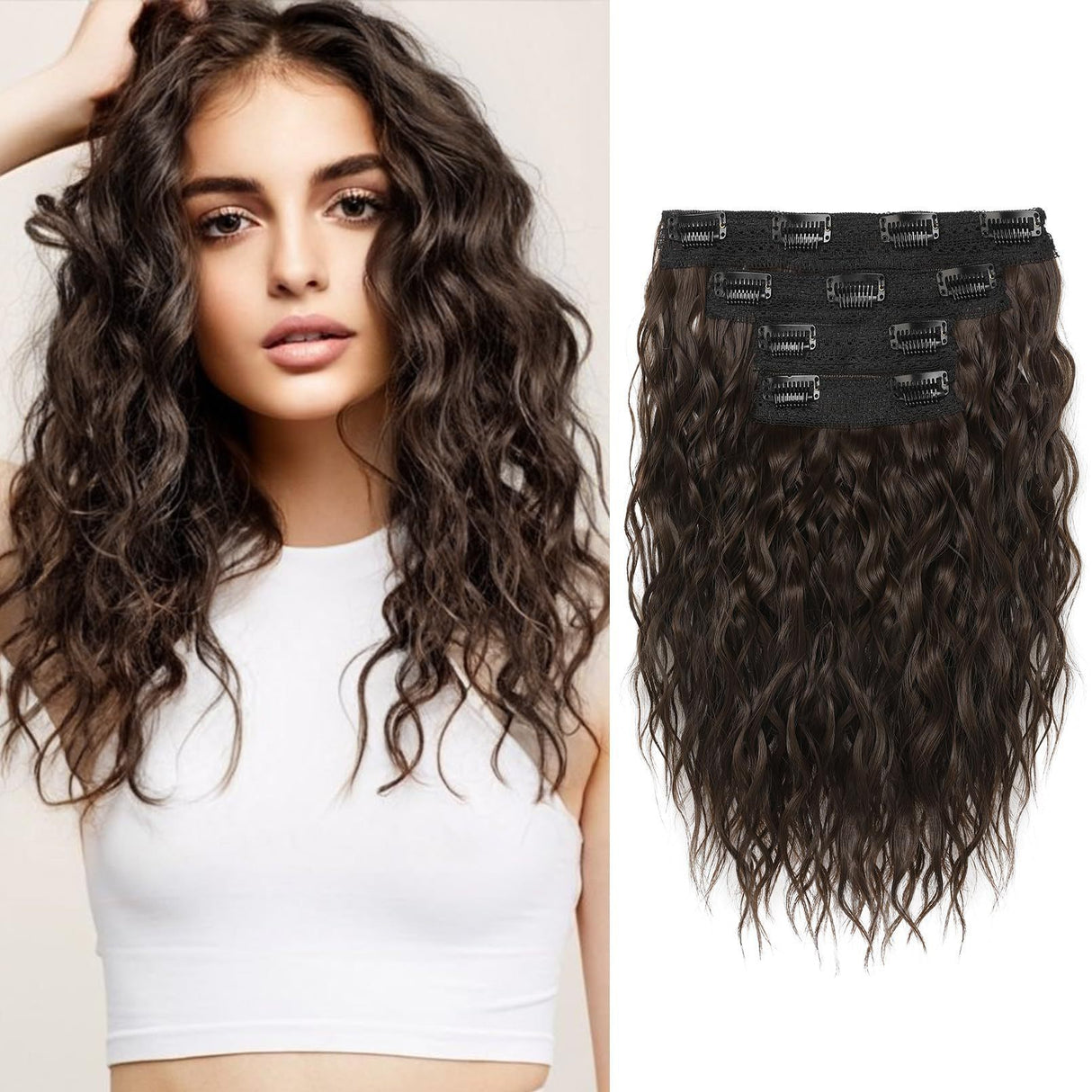 Black and Brown 12-Inch Clip-in Wavy Hair Extensions - 4-Piece Set, Easy to Apply, Instant Volume Boost