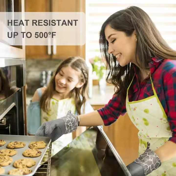 Grey 4-Piece Set High-Temperature Resistant Silicone and Cotton Oven Mitts and Pot Holders Set ??Heat-Resistant, Non-Slip, Food-Grade Kitchen Gloves for Baking, Cooking, and Grilling