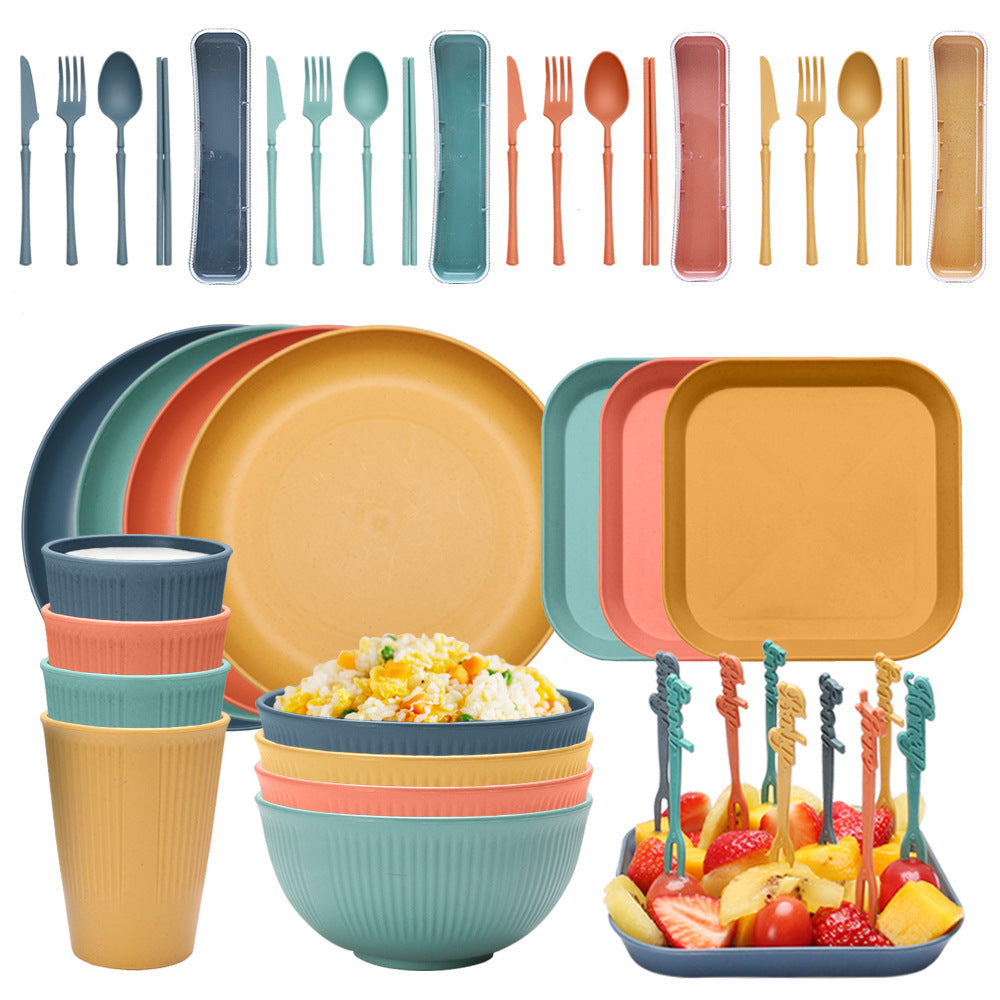 Four-person Set Multicolor Eco-Friendly Wheat Straw Dinnerware Set, Plate, Bowl, Cup & Utensil Set - Lightweight, Reusable, and Durable for Home, School, and Travel