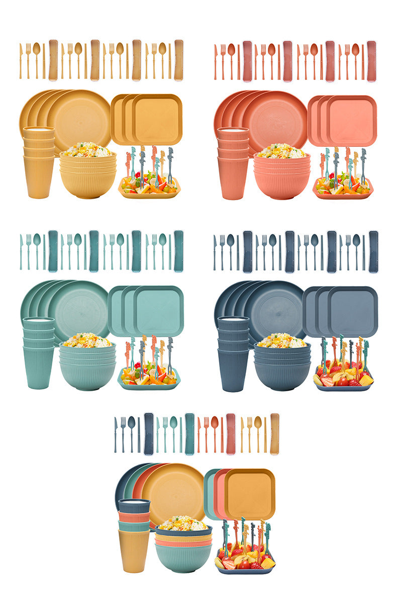 Four-person Set Multicolor Eco-Friendly Wheat Straw Dinnerware Set, Plate, Bowl, Cup & Utensil Set - Lightweight, Reusable, and Durable for Home, School, and Travel