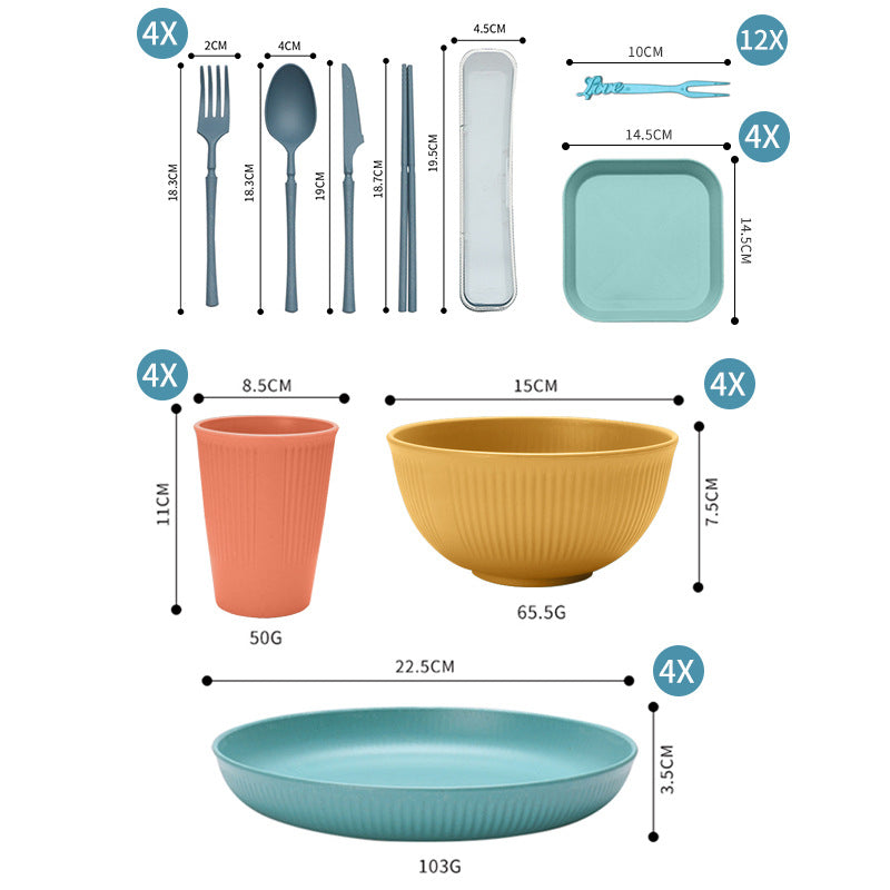 Four-person Set Yellow Eco-Friendly Wheat Straw Dinnerware Set, Plate, Bowl, Cup & Utensil Set - Lightweight, Reusable, and Durable for Home, School, and Travel