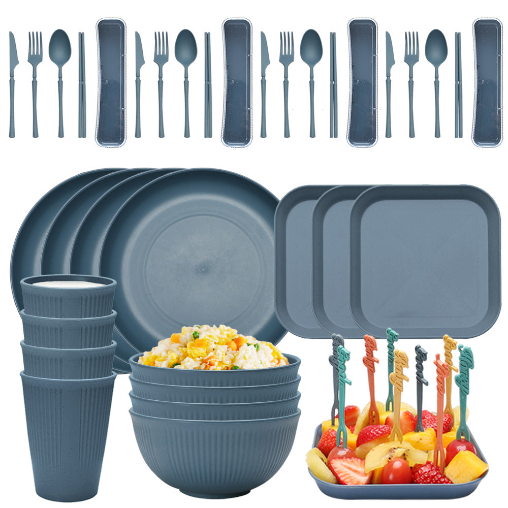 Four-person Set Blue Eco-Friendly Wheat Straw Dinnerware Set, Plate, Bowl, Cup & Utensil Set - Lightweight, Reusable, and Durable for Home, School, and Travel