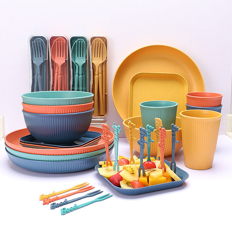 Four-person Set Blue Eco-Friendly Wheat Straw Dinnerware Set, Plate, Bowl, Cup & Utensil Set - Lightweight, Reusable, and Durable for Home, School, and Travel
