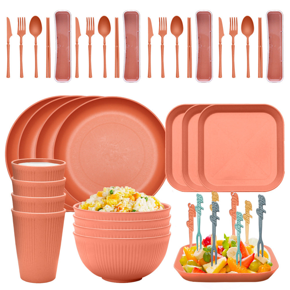 Four-person Set Orange Eco-Friendly Wheat Straw Dinnerware Set, Plate, Bowl, Cup & Utensil Set - Lightweight, Reusable, and Durable for Home, School, and Travel