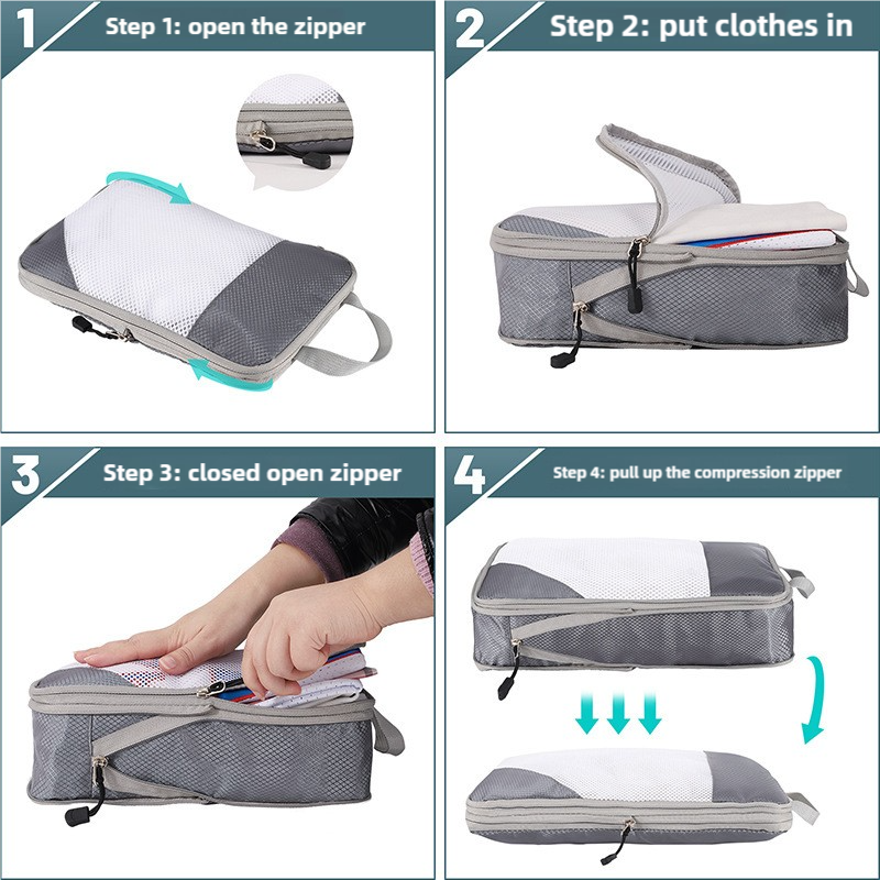 4-piece Set Beige Compression Travel Storage Bags Set, Mesh Travel Organizers for Luggage, Foldable and Space-Saving Packing Cubes