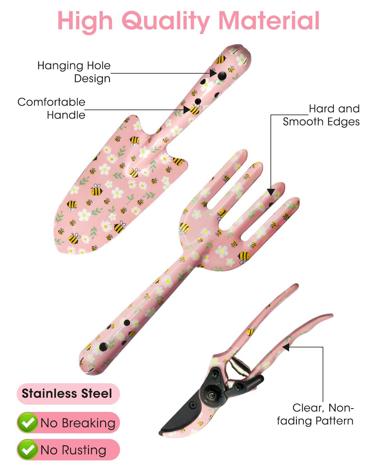 Pink 3-Piece Floral Print Garden Tool Set ??Carbon Steel Pruner, Cultivator & Trowel for Gardening