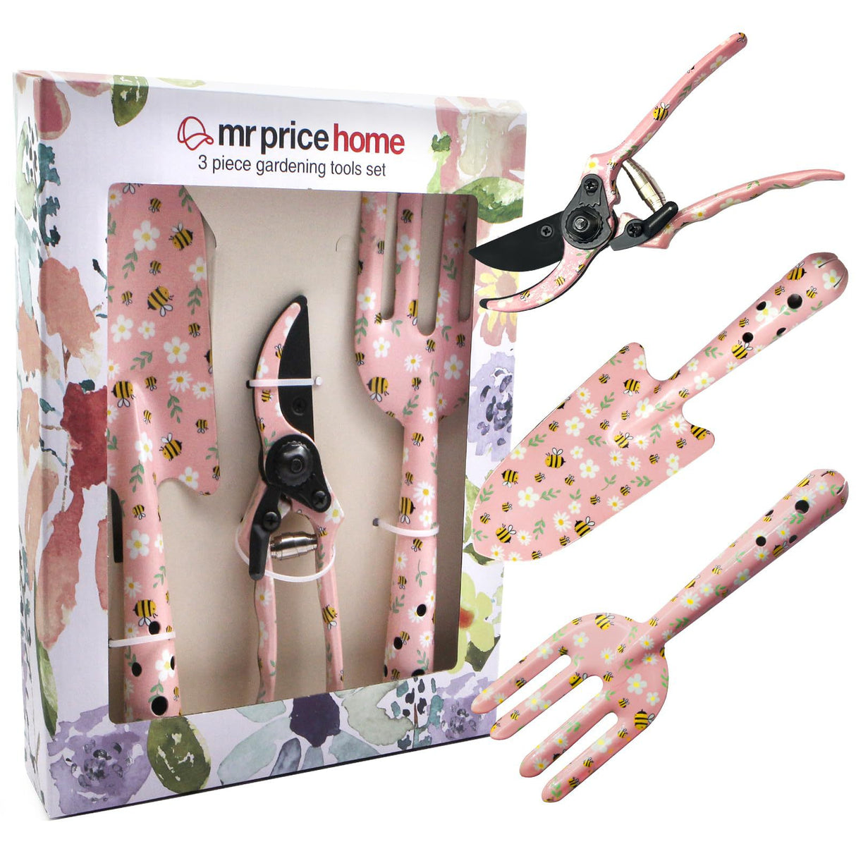 Pink 3-Piece Floral Print Garden Tool Set ??Carbon Steel Pruner, Cultivator & Trowel for Gardening